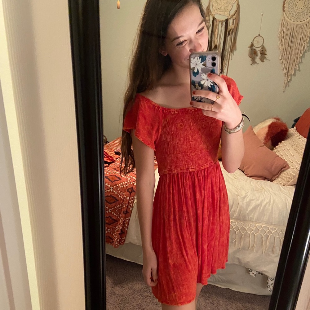 Off the Shoulder Smocked Orange Dress